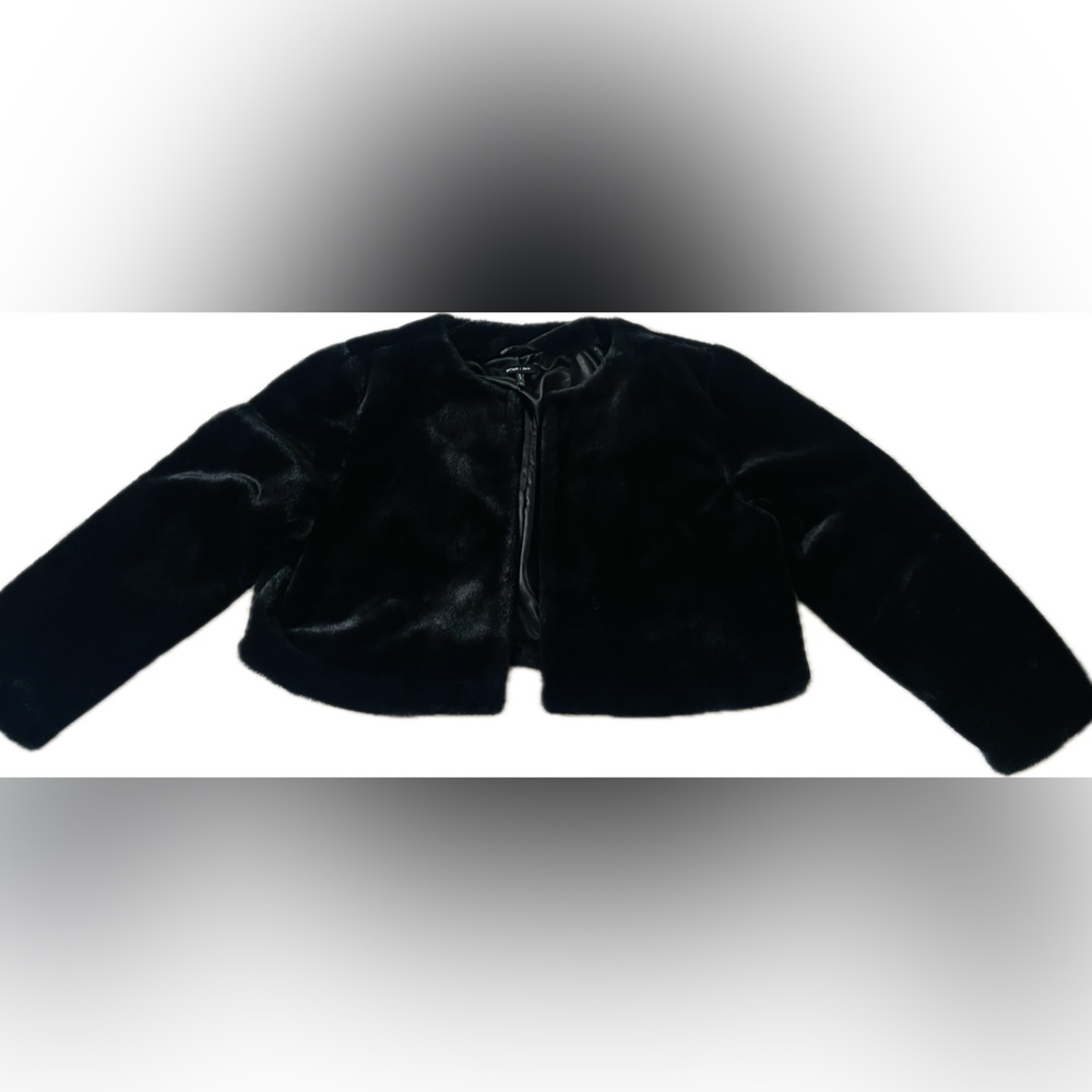 BCBG Black Faux Fur Satin Lined Bolero Shrug Jacket
